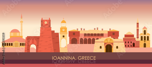 Sunset Skyline panorama of city of Ioannina, Epirus, Greece - vector illustration