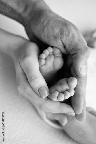 Baby feet in the hands of mother, father, older brother or sister, family. Feet of a tiny newborn close up. Little children\'s feet surrounded by the palms of the family. Black and white.