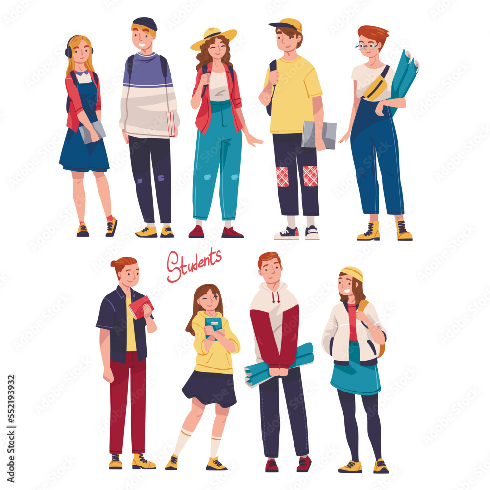 Man and Woman as Modern University Student Standing with Backpack Vector Set Man and Woman as Modern University Student Standing with Backpack Vector Set