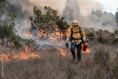 Firefighter Fighting Wildfire in Forest in California