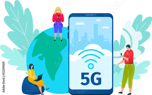 5g internet technology vector illustration. Global data connection and communication. People with mobile devices are sitting around big phone.