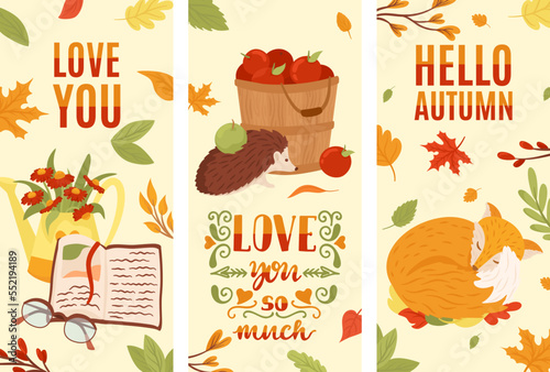 Autumn cards set, fall autumnal leaves and flowers, vector illustration. Vint...