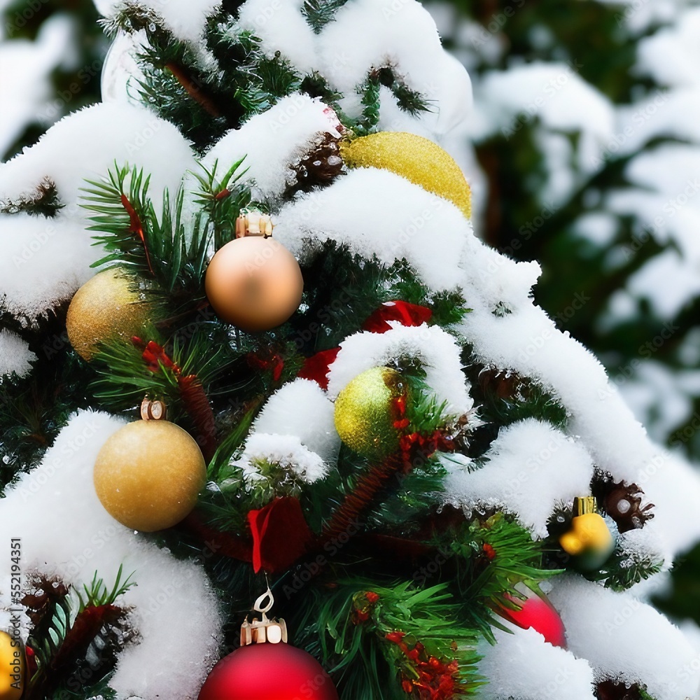 Closeup of Christmas pine tree with snow, generative AI