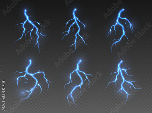 Thunderstorm lightning, thunderbolt strike, realistic electric zipper, energy flash light effect, blue lightning bolt isolated on dark background. Vector illustration.