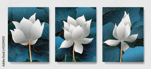 Art background with leaves and lotus flowers in blue and white flowers in gold color. Set of botanical prints for decoration, print, textile, wallpaper, interior design, invitations.