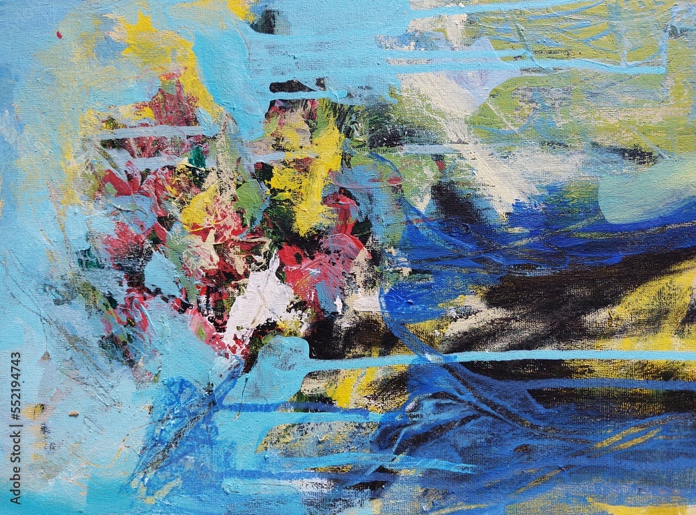 Fototapeta premium Multicolored artistic background. Modern art. Acrylic artwork . Contemporary art. Abstract painting. Bright artistic background with brushstrokes. Layers of paint. Steps in painting. 
