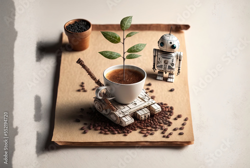 A cup of coffee with a wooden robot, a plant, coffee beans, dried cinnamon, paper and pencil on a white platform. horizontal. Generative AI