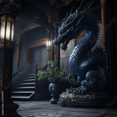 Majestic hall with a dragon. AI © Terablete