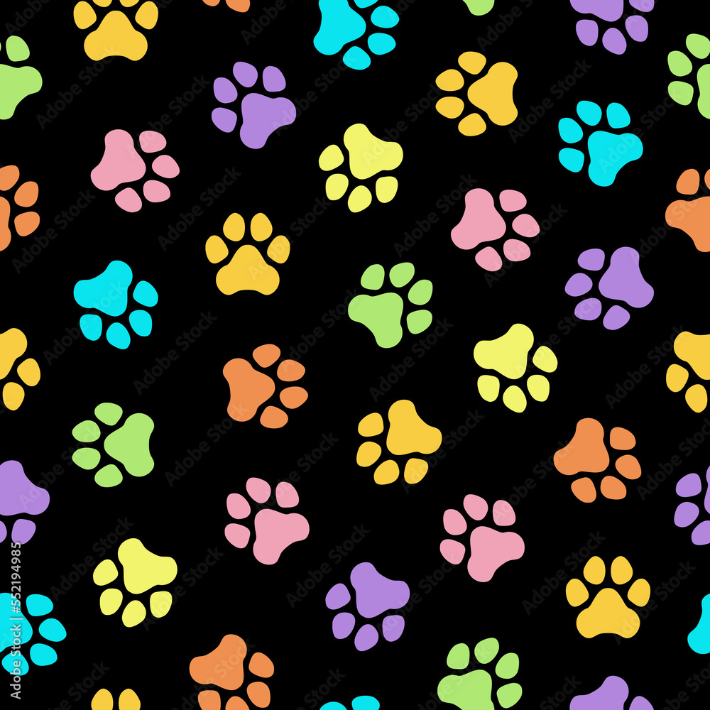 Seamless pattern. Dog paw. Vector illustration. Colorful paws ob black background. Texture for print, textile, fabric.