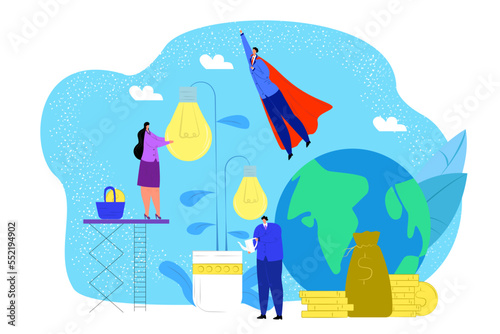 Cultivation of ideas concept, vector illustration. People, managers or investors cultivating light bulb growing in giant pot.