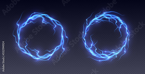 Electric lightning frames, round thunderstorm border, realistic thunderbolts, energy flash explosion isolated on dark background. Vector illustration.