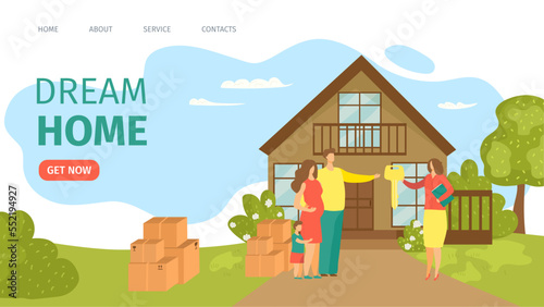 Fototapeta Naklejka Na Ścianę i Meble -  Dream home website landing vector illustration. Real estate landing page. Buying, rent house. Find dream home, investment property.