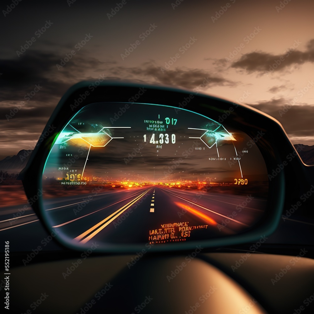 Futuristic auto HUD . VR screen racing game, futuristic user interface in  cocpit smart car. HUD interface in smart car rear view mirror. AI  generative. Virtual reality, gaming view with UI Illustration