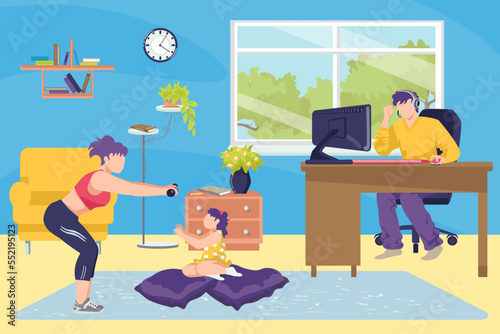 Family at home together concept vector illustration. Man working at home with...