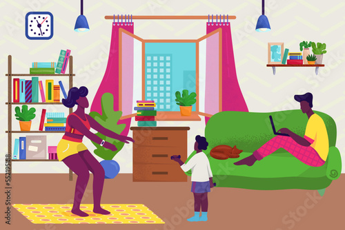 Family at home together concept vector illustration. Dark skinned man working...