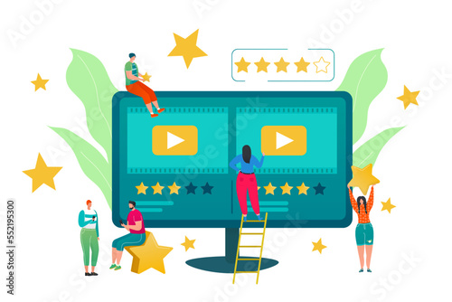 Film review concept vector illustration. People vloggers rating films, giving positive feedback to best movies. Ranking video with stars.