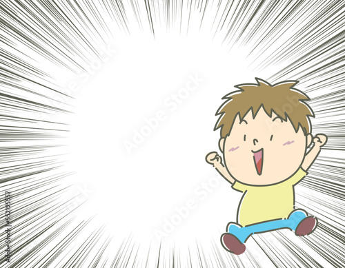 笑顔　笑う　飛ぶ　飛び上がる　男の子　集中線