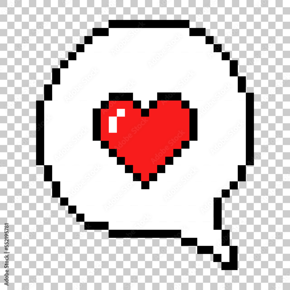 Red heart inside speech bubble pixel art isolated on transparent background. Computer games graphics vector illustration. Cute decoration for Valentine's day, wedding Red heart inside speech bubble pixel art isolated on transparent background. Computer games graphics vector illustration. Cute decoration for Valentine's day, wedding