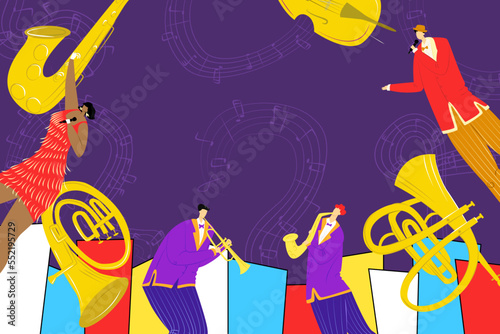Jazz festival with saxophone instrument, jazz singer and saxophonist playing music poster, vector illustration. Billbord of musical show.