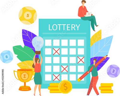 Lottery concept vector illustration. People filling out bingo lotto lottery ticket or coupon with pencil. Win fortune luck, lucky ticket.