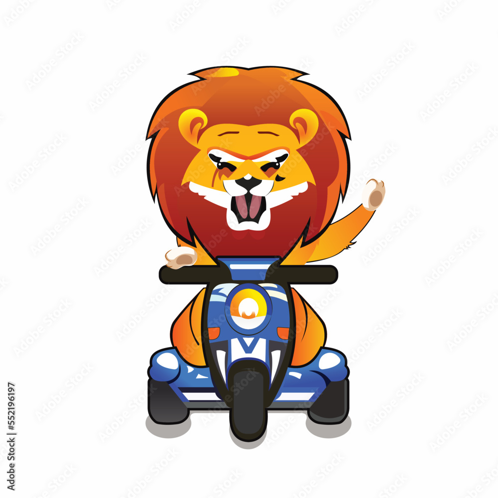 Cute Hairy Lion King cheerfully Riding A Scooter Bike and Waving Hand, Lion Mascot Logo Design