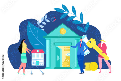 Mortgage house concept, buying real estate vector illustration. Real estate agent giving home key to mortgager. Buying property, residential building.