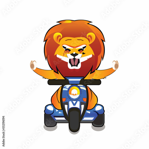 Cute Hairy Lion King cheerfully Riding A Scooter Bike and floating Hands on air   Lion Mascot Logo Design