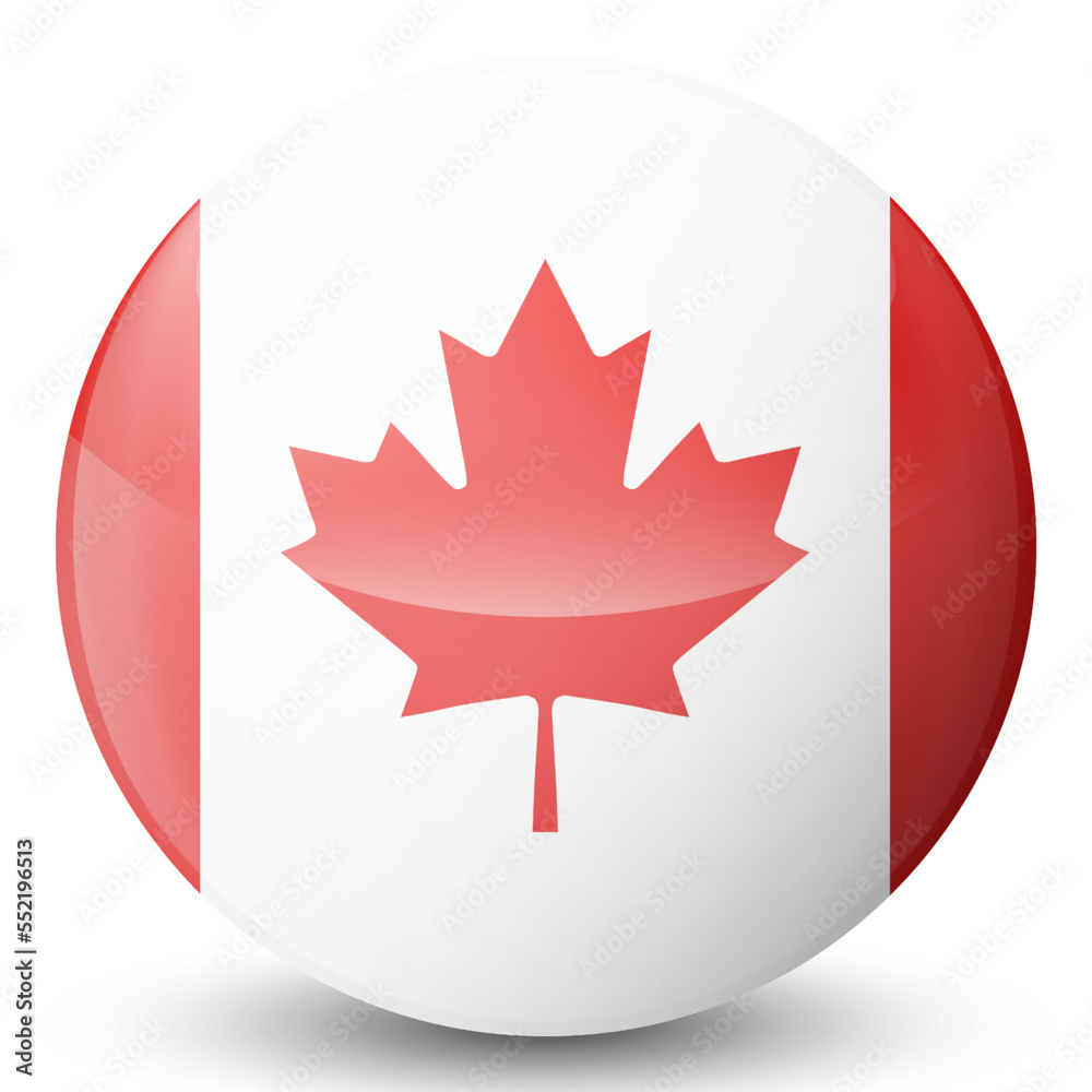 Glass light ball with flag of Canada. Round sphere, template icon. Canadian national symbol. Glossy realistic ball, 3D abstract vector illustration highlighted on a white background. Big bubble. Glass light ball with flag of Canada. Round sphere, template icon. Canadian national symbol. Glossy realistic ball, 3D abstract vector illustration highlighted on a white background. Big bubble.