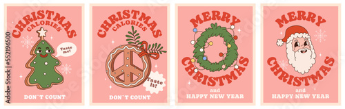 Christmas calories don't count. Merry Christmas and Happy New Year. Groovy hippie poster set with gingerbread cookies, Santa,  
spruce wreath. Trengy style with a 70s vibes.