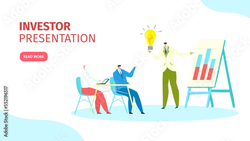 Presentation for investor web page, landing, vector illustration. Startup ideas on board. Partners and investors at conference.