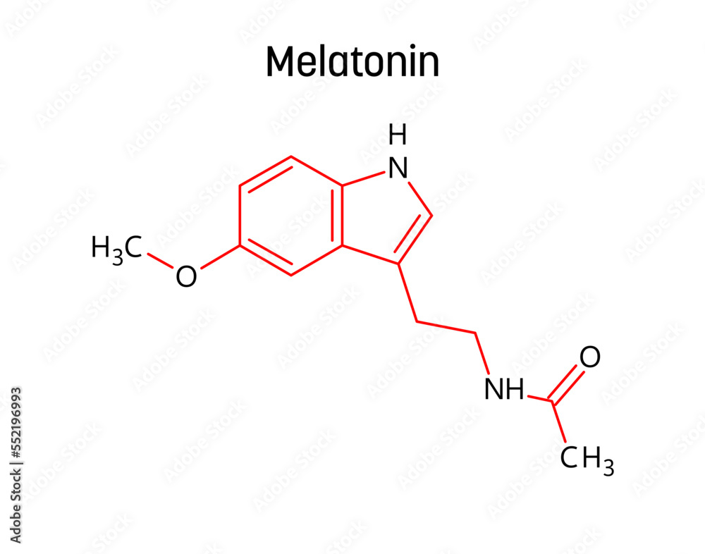 Melatonin molecular structure. Melatonin is a hormone controlling sleep-wake cycle. Vector structural formula of chemical compound with red bonds and black atom labels.