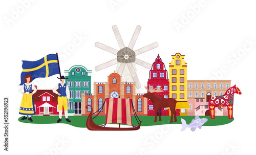 Stockholm Sweden cartoon travel vector illustration. Buildings, landmarks and symbols. Gamla stan old city, souvenirs, flag and swede.