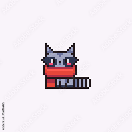 Cute raccoon with a red scarf. Pixel art vector illustration