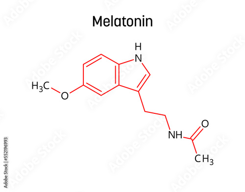 Melatonin molecular structure. Melatonin is a hormone controlling sleep-wake cycle. Vector structural formula of chemical compound with red bonds and black atom labels.