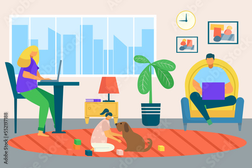 Freelance work home, male, female character working on laptop at home, self employed, home office vector illustration. Workplace.