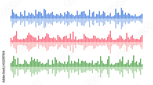 Colored sound wave bars set. Music, podcast, audio track samples or voice messages. Equaliser elements collection. Diagram, chart or signal concepts. 
