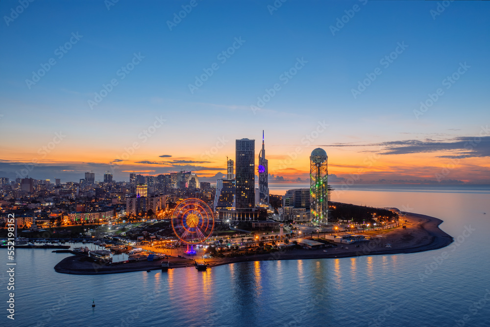 Drone aerial view of night Batumi City, Georgia