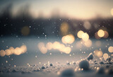 Beautiful winter landscape with snow covered ground and bokeh lights in the background. Generative Ai