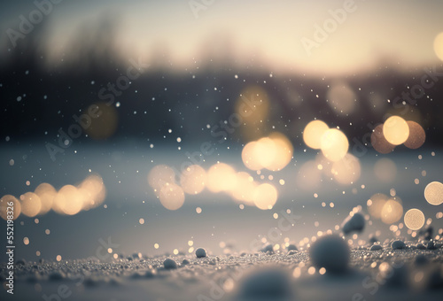 Beautiful winter landscape with snow covered ground and bokeh lights in the background. Generative Ai