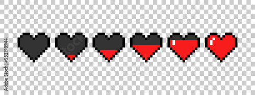 Pixel game life bar. Vector art 8 bit health heart bar. Gaming controller, symbols set. Five lives. Vector illustration isolated on transparent background