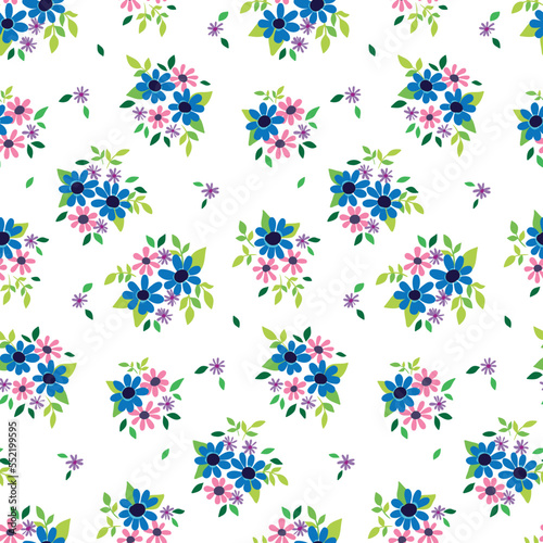 Seamless floral pattern in a romantic rustic style. Pretty ditsy design, liberty flower print with small hand drawn flowers, tiny leaves, mini bouquets on white background. Vector illustration.