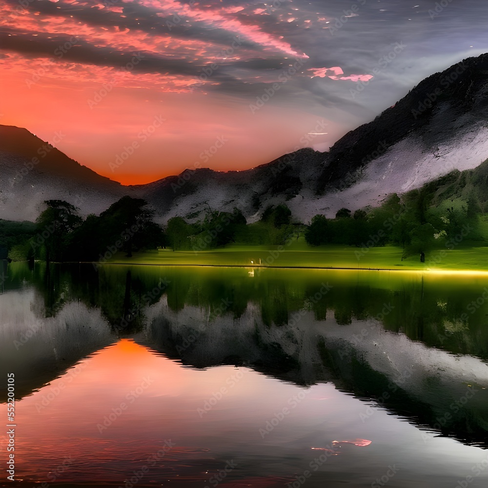 Fototapeta premium 湖と山と夕暮れ
