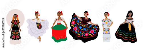 Group of women wearing traditional Mexican ethnic wear. Mexican women wearing folk costumes and traditional regalia. Tehuana, Jarocha, China poblana, Chiapaneca , Yucateca and Tabasqueña ethnic wear. photo