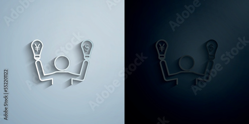 Bulb dollar and euro outline style paper icon with shadow vector illustration