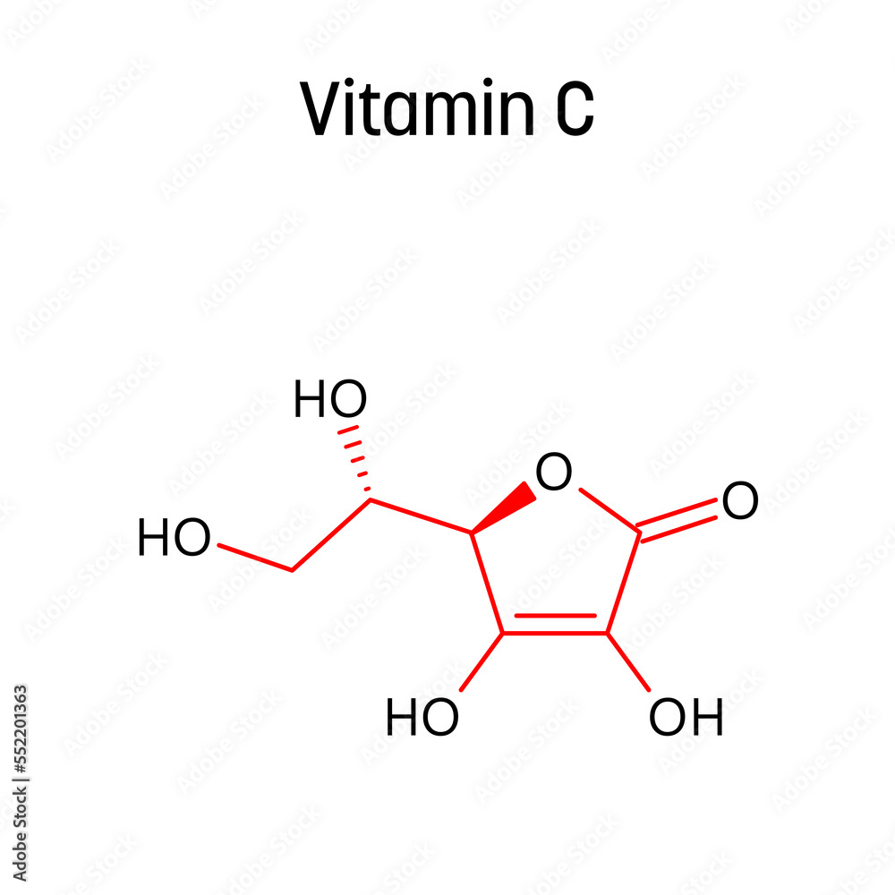 Vitamin C molecular structure. Vitamin C, ascorbic acid or ascorbate, found  in fruits and vegetables. Vector structural formula of chemical compound  with red bonds and black atom labels. Stock Vector | Adobe