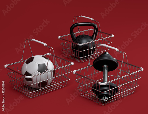 Sport equipment for fitness, gym, crossfit in shopping basket on red