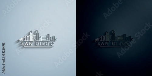 Linear san diego city silhouette with typographic paper icon with shadow vector illustration photo