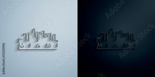 Miami city line silhouette typographic paper icon with shadow vector illustration