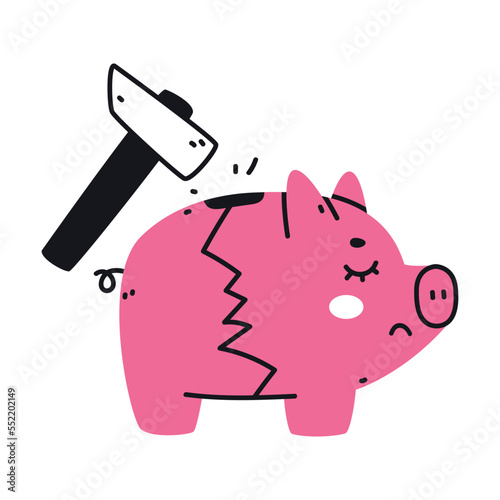 Hammer Breaking Pink Money Box or Piggy Bank as Container for Coin Storage Vector Illustration