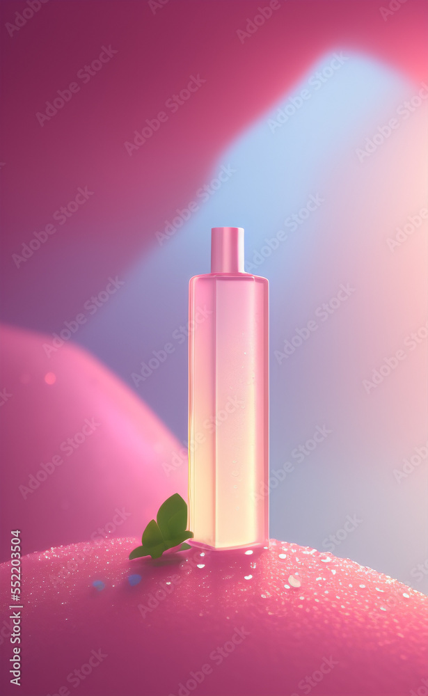 Rectangular frosted perfume bottle in pink and gold with a green leaf and dew drops on the background. Generative AI. Rectangular frosted perfume bottle in pink and gold with a green leaf and dew drops on the background. Generative AI.